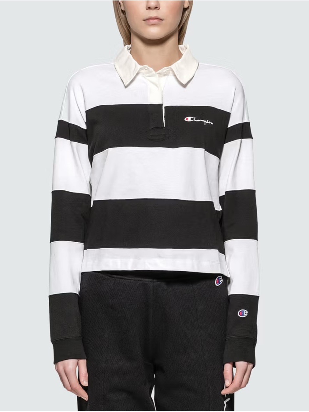 Champion Reverse Weave Small Script Striped Long Sleeve Polo Shirt size L